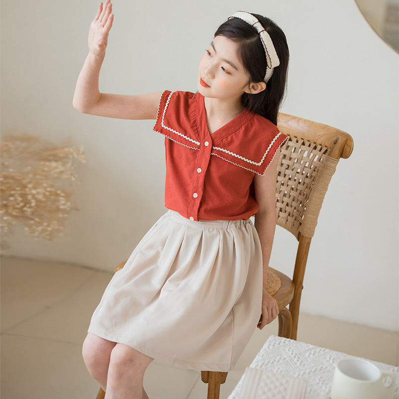 Girls' Retro Sleeveless Top and Skirt Two Pieces Set