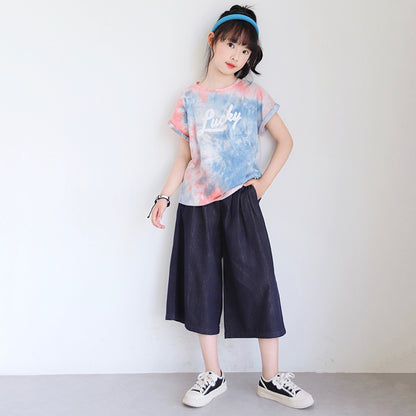 Korean Style Girls' Tie-dye T-shirt and Denim Wide-leg Pants Outfit