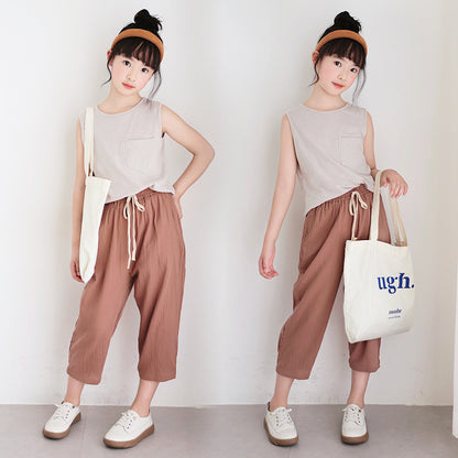 Korean Style Girls' Plain Color Vest and Capri Pants Outfit