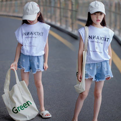 Korean Style Girls' Letter Prints T-shirt and Ripped Denim Shorts Two Pieces Set