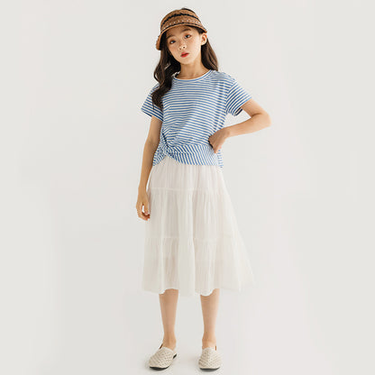 Korean Style Girls' Striped T-shirt and White Skirt
