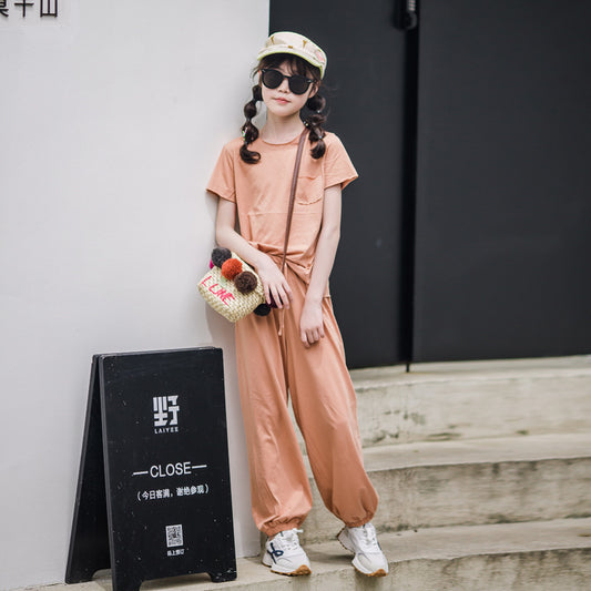 Girls' Trendy Short Sleeves T-shirt and Long Pants Two-Piece Set