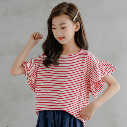 Korean Style Girls' Striped T-shirt and Denim Wide-leg Pants