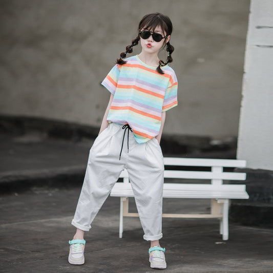 Girls' Drawstring Solid Color Pants and Striped T-shirt Two Pieces Set