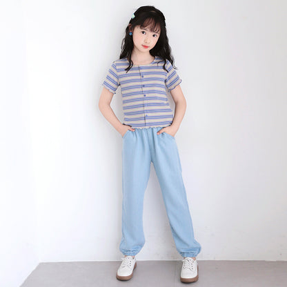 Korean Style Girls' Striped T-shirt and Denim Pants