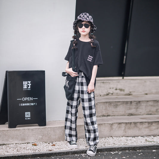 Girls' Chic Plaid Pants and Smile T-shirt Two Pieces Set