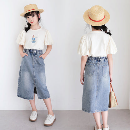 Korean Style Girls' Cartoon T-shirt and Denim Slit Skirt Outfit