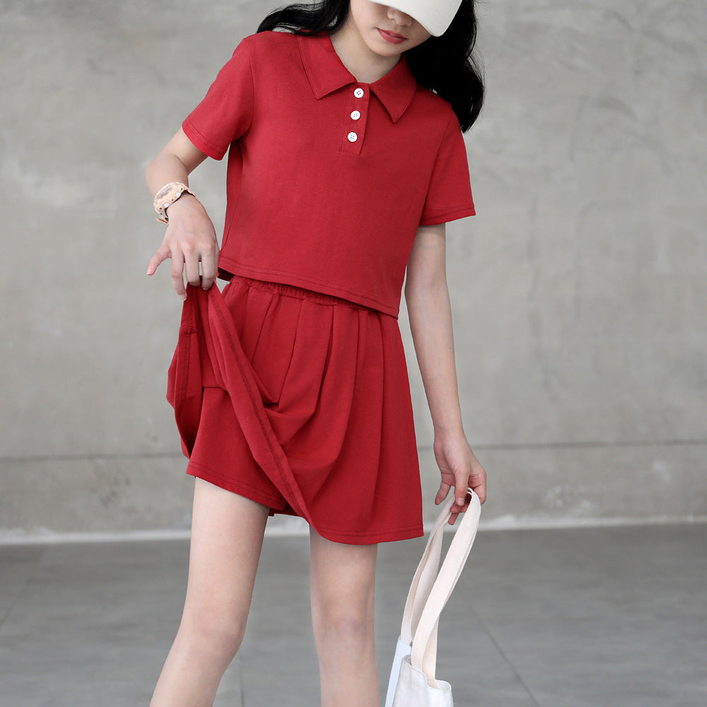Plain Color Polo Shirt and Skort Two Pieces Set