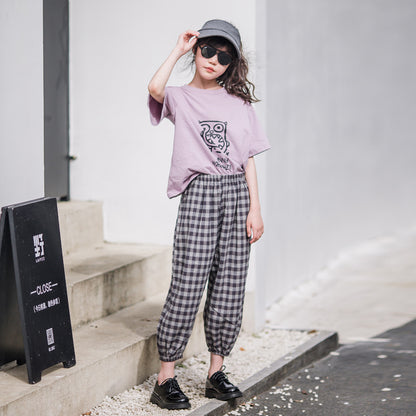 Girls' Casual Short Sleeve T-shirt and Plaid Pants