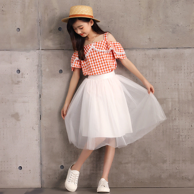 Checkered Strap Top with Puffy Skirt Two Pieces Set SUNJIMISE