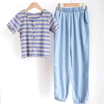 Korean Style Girls' Striped T-shirt and Denim Pants