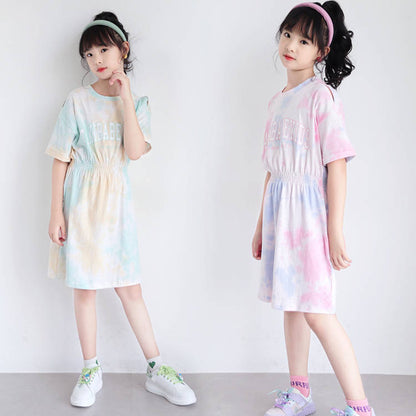 Korean Style Girls' Elastic Waist Tie-dye Dress