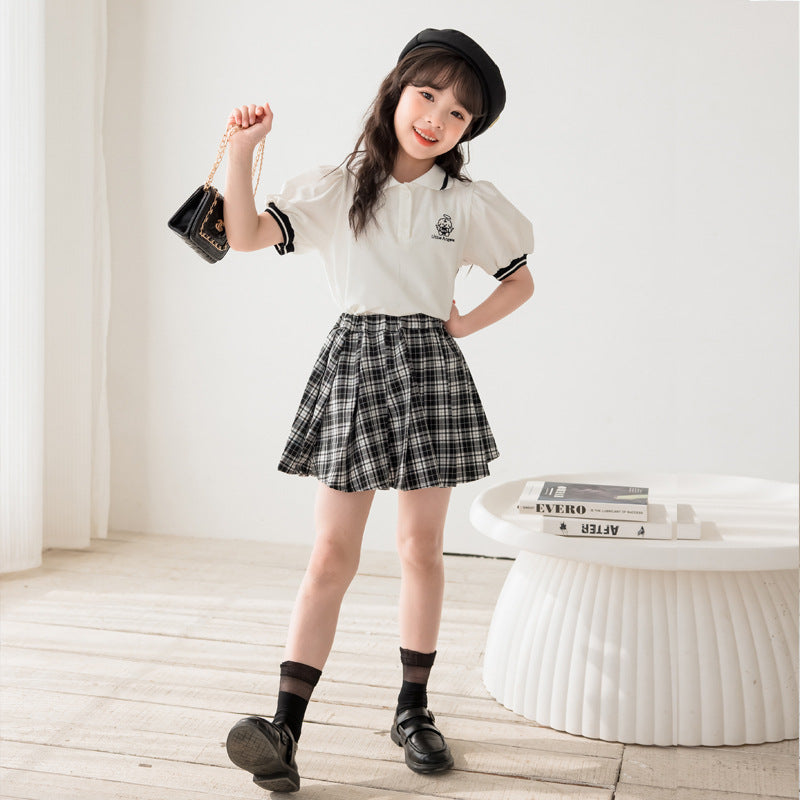 Preppy Style Polo Tee and Plaid Skirt Two Pieces Set