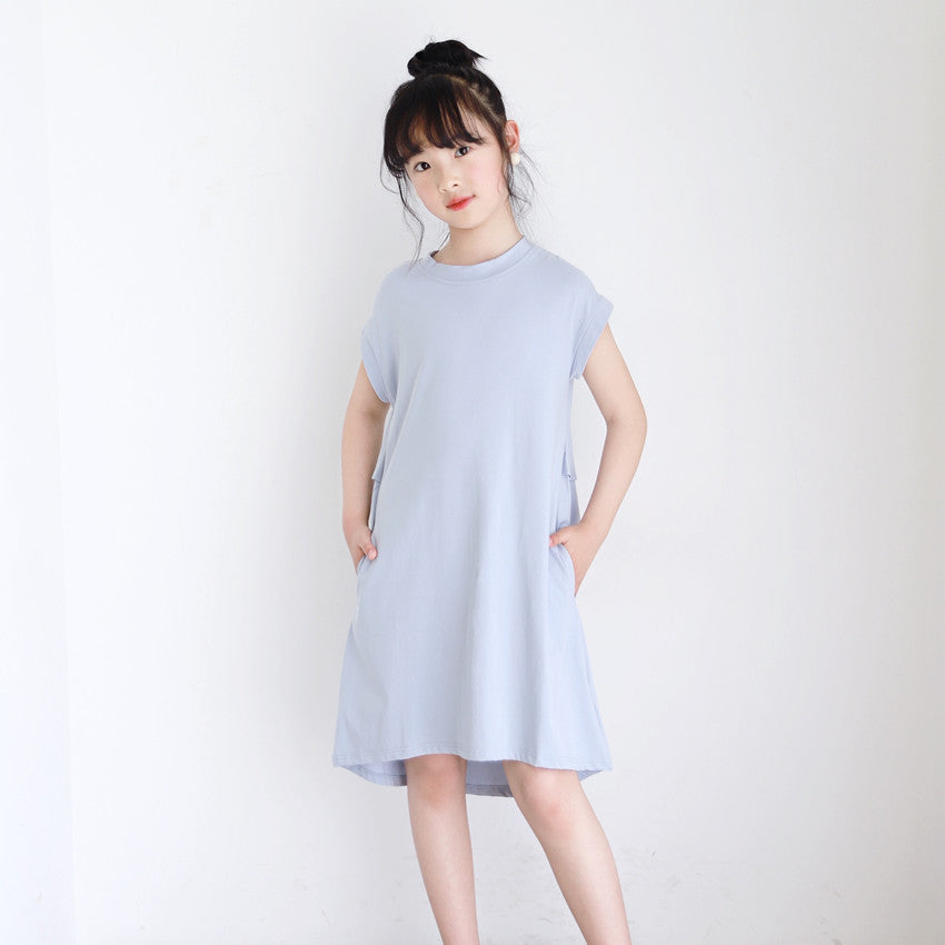 Korean Style Girls' Ruffled Plain Color Dress