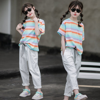 Girls' Drawstring Solid Color Pants and Striped T-shirt
