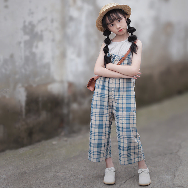 Korean Style Girls' Plain Color Tank Top and Plain Suspender Pants Outfit