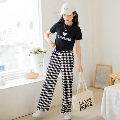Girls' Checkered T-shirt and Pants Two Pieces Set