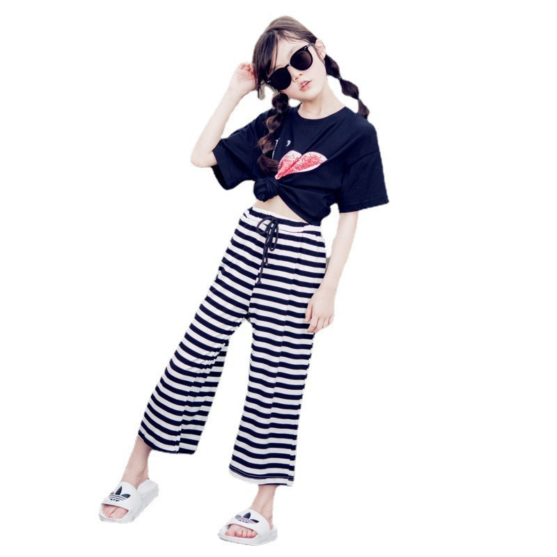 Trendy Kid Girl's T-shirt and Striped Pants