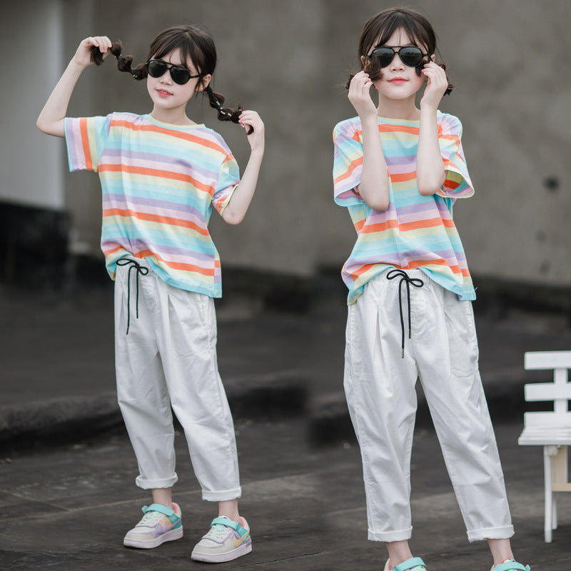 Girls' Drawstring Solid Color Pants and Striped T-shirt