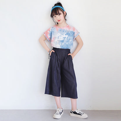 Korean Style Girls' Tie-dye T-shirt and Denim Wide-leg Pants Outfit