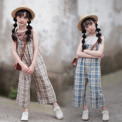 Korean Style Girls' Plain Color Tank Top and Plain Suspender Pants Outfit