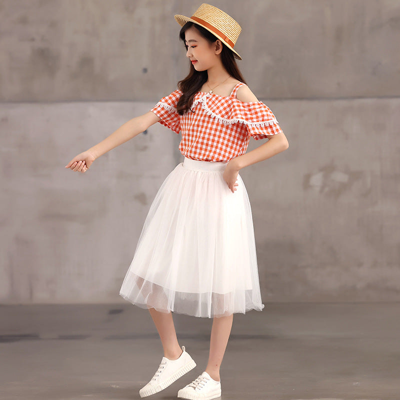 Girls' Checkered Strap Top with Puffy Skirt Two Pieces Set