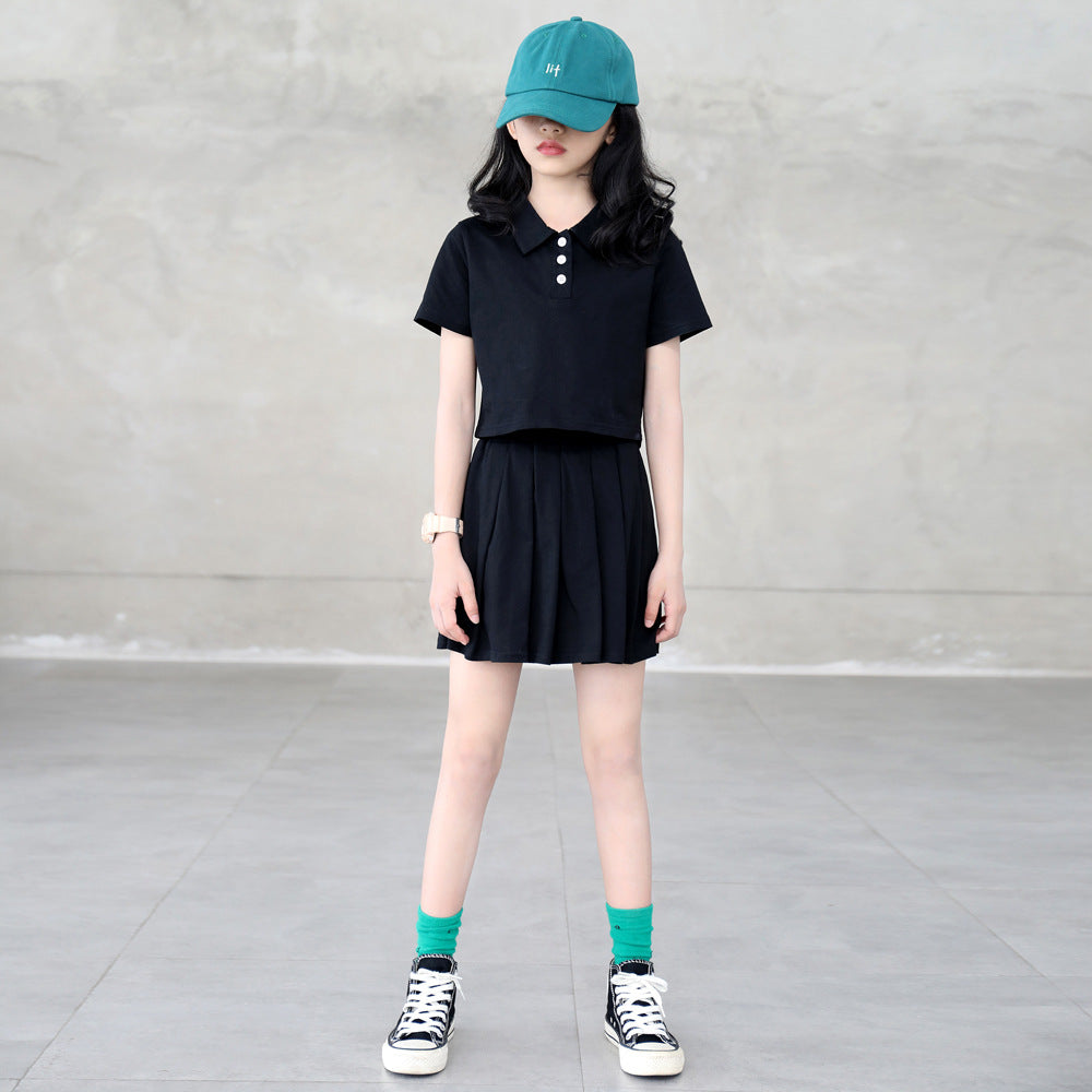 Plain Color Polo Shirt and Skort Two Pieces Set