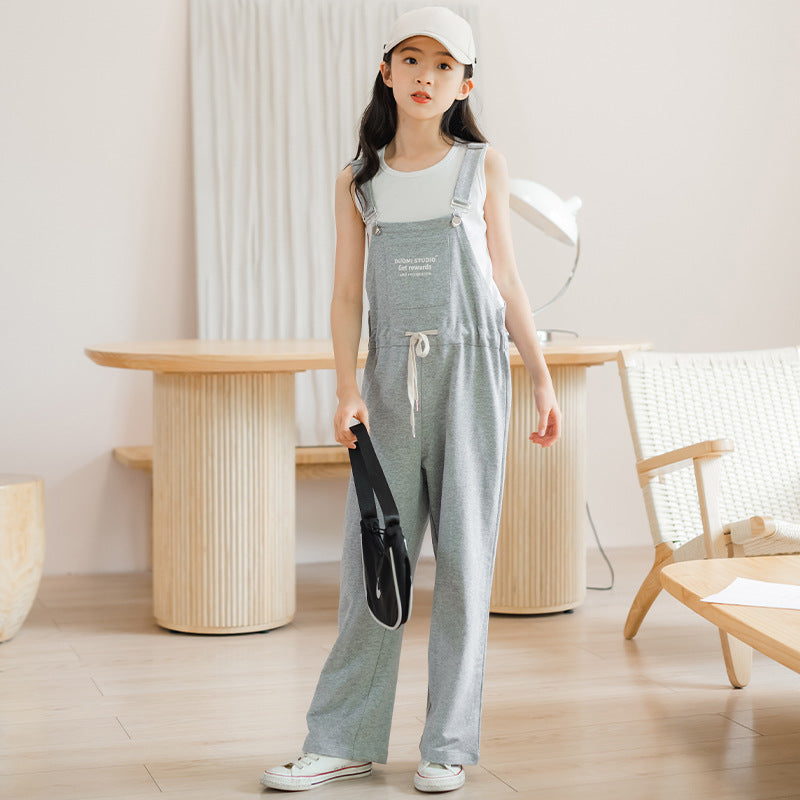 Korean Style Girls' Plain Color Tank Top and Suspender Pants