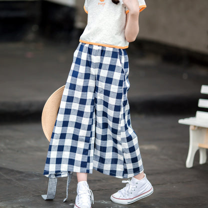 Girls' Plaid Wide-leg Pants and Cartoon T-shirt Two Pieces Set