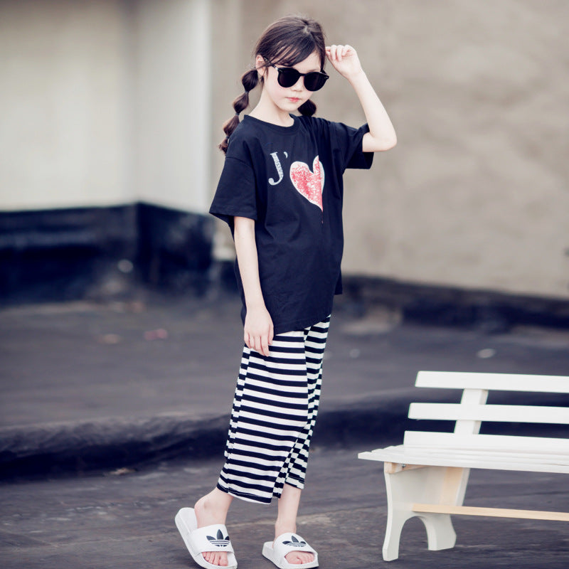 Trendy Kid Girl's T-shirt and Striped Pants Two Pieces Set