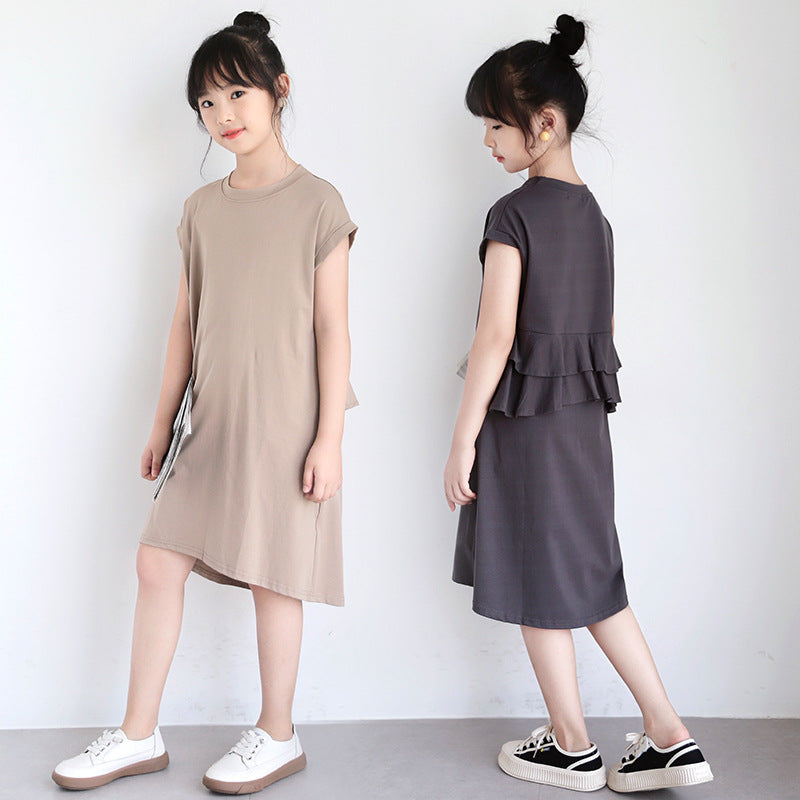 Korean Style Girls' Ruffled Plain Color Dress