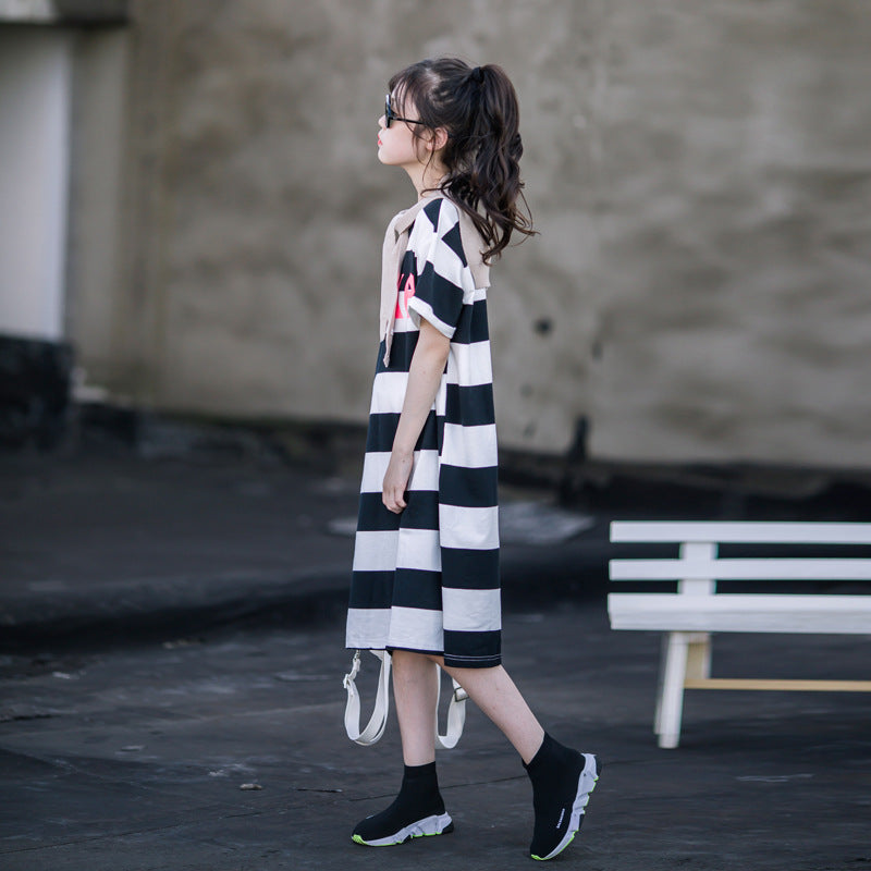 white and black wide striped dress for kid girl