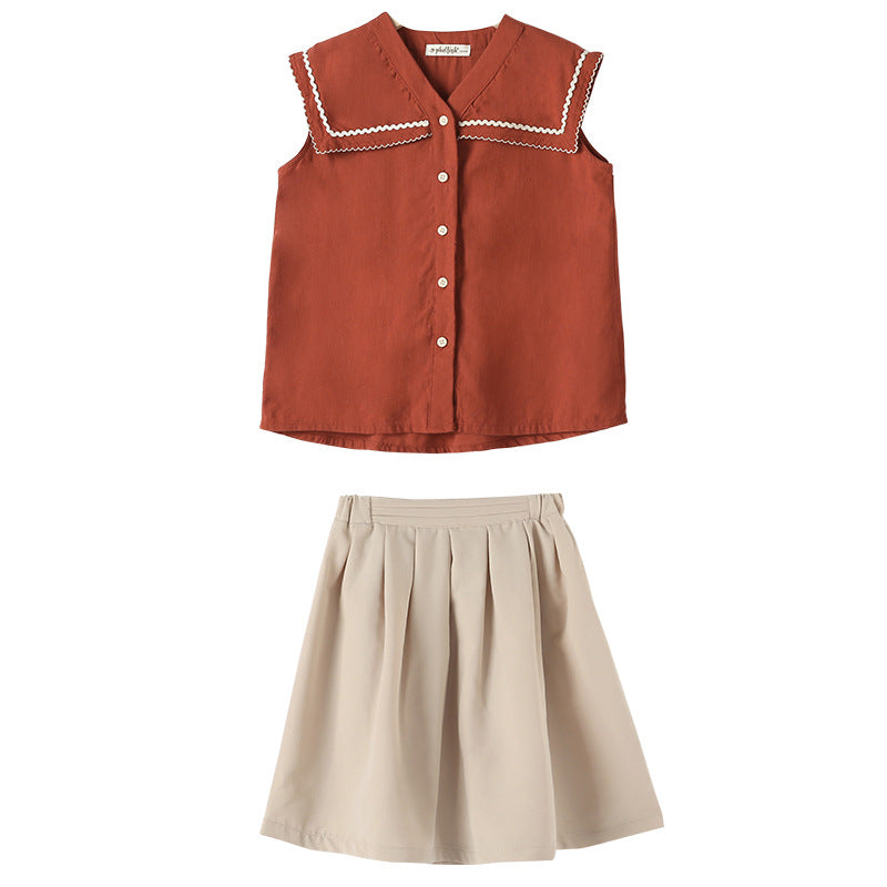 Girls' Retro Sleeveless Top and Skirt Two Pieces Set