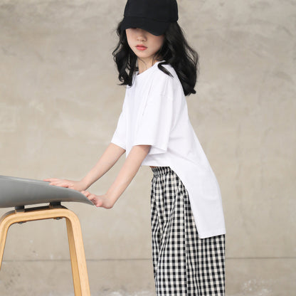 Korean Style Girls' Short Front Plain Color T-shirt