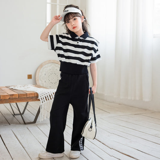Girls' Striped Polo Tee and Pants Two-pieces Outfit Set
