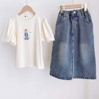 Korean Style Girls' Cartoon T-shirt and Denim Slit Skirt