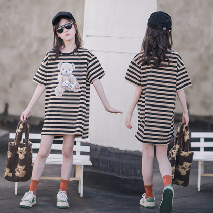 Girls' Mid-length Striped Short-Sleeved T-Shirt