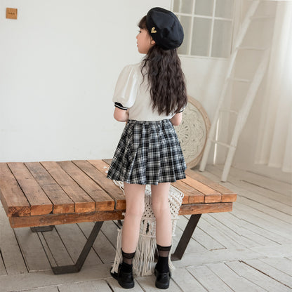 Girls' Preppy Style Polo Tee and Plaid Skirt Two Pieces Set