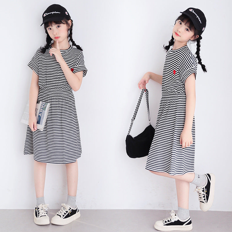 Korean Style Girls' Elastic Waist Striped T-shirt Dress