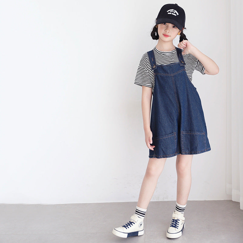 Korean Style Girls' Striped T-shirt and Denim Suspender Pants Two-piec SUNJIMISE Singapore Korean Style Girls' Striped T-shirt and Denim Suspender Pants Two-piec SUNJIMISE Singapore