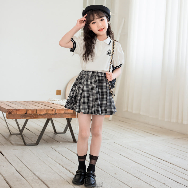Preppy Style Polo Tee and Plaid Skirt Set