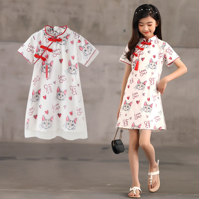 Cheongsam Style Kitten Printed Dress