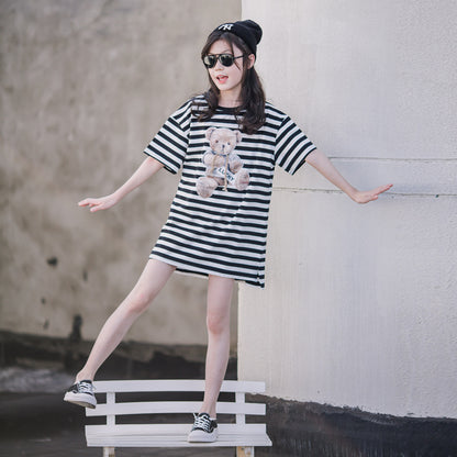 Girls' Mid-length Striped Short-Sleeved T-Shirt
