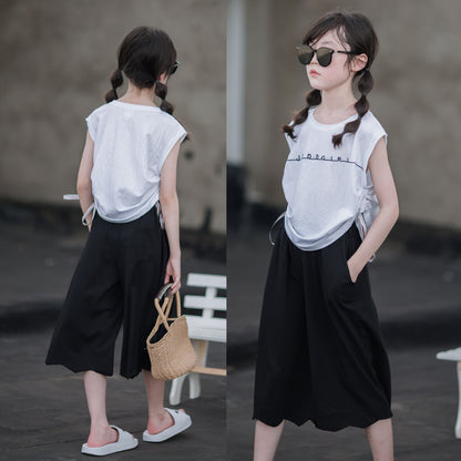 Girls' Chic Drawstring Pants and T-shirt Two Pieces Set