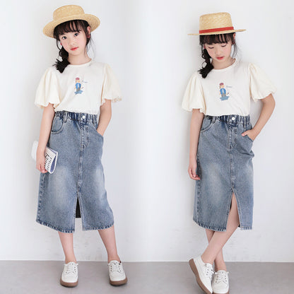 Korean Style Girls' Cartoon T-shirt and Denim Slit Skirt Outfit