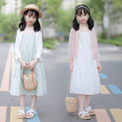 Korean Style Ice Breeze Knit Cardigan and Plain Color Cake Dress